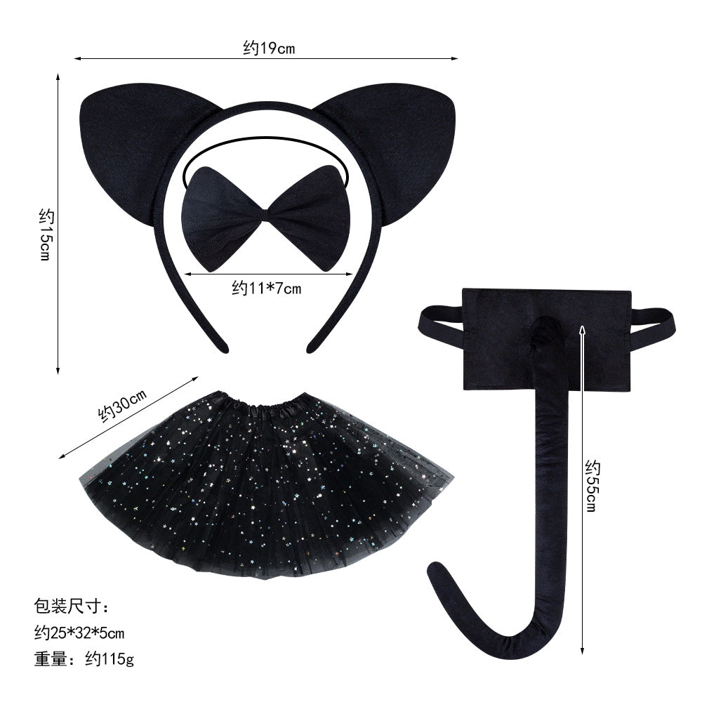 Halloween Black Cat Ears Headband With Plush Animal Ears Set