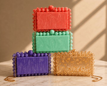 Beaded Acrylic Box Clutch with Pearl Trim & Gold Chain