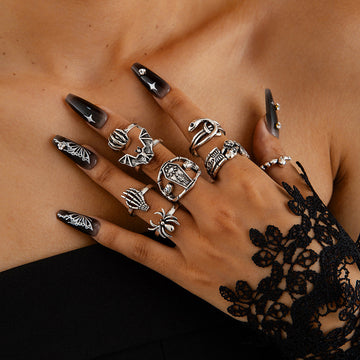 Halloween Dark Skull Vintage Ring Punk Spider Snake Set