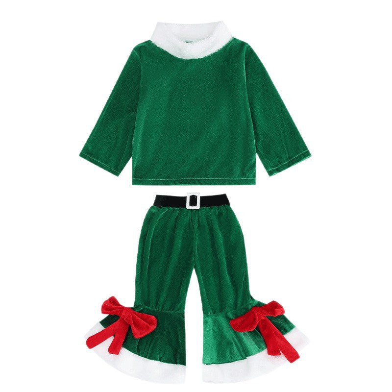 Christmas Kids Costume Red Green Bell-Bottom Pants Set