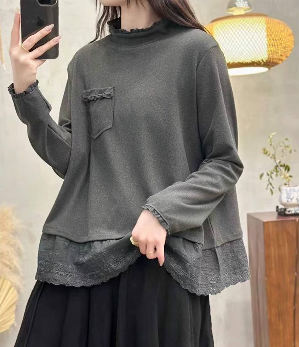 Autumn Retro Solid Color Pocket Lace Patchwork Pullover