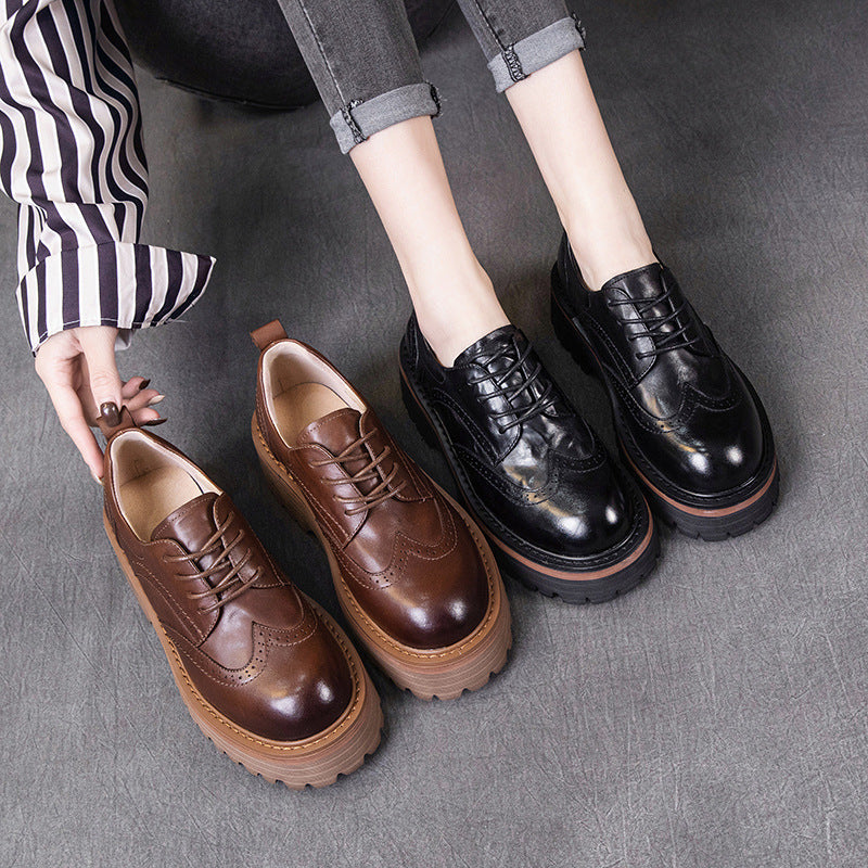 Spring Retro Leather Round Toe Platform Thick Soft Sole Flats