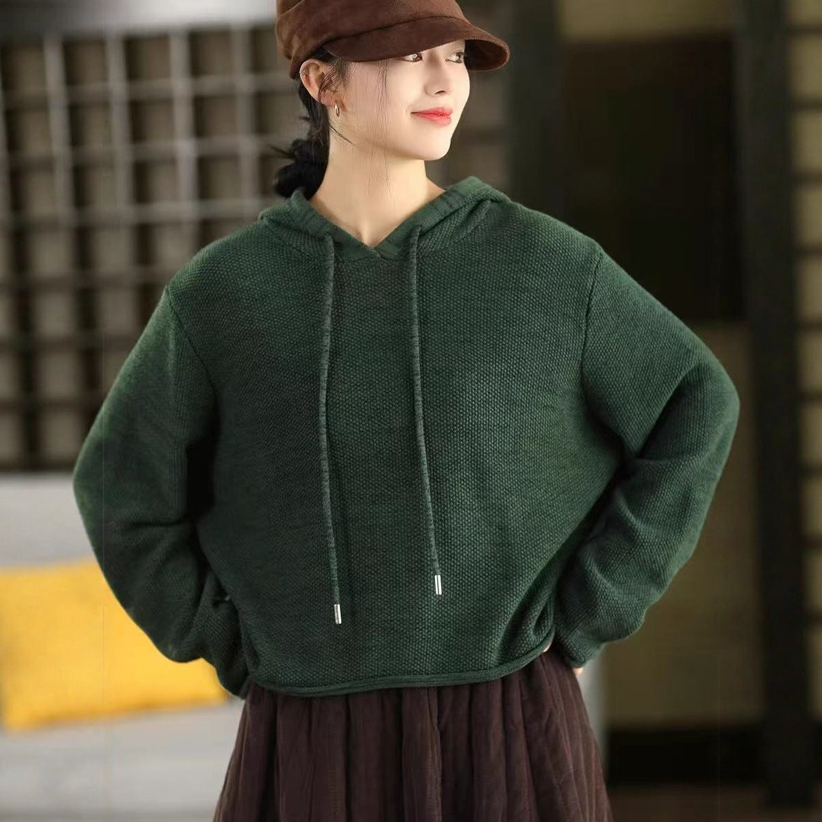 Spring Retro Cotton Knitted Solid Color Loose Casual Hoodies