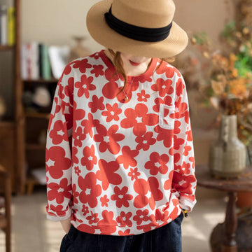 Spring Cotton Linen Patchwork Round Neck Floral Printed Loose Tops