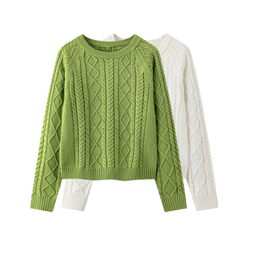 100% Cotton Solid Color Round Neck Cable-Knit Loose Sweater