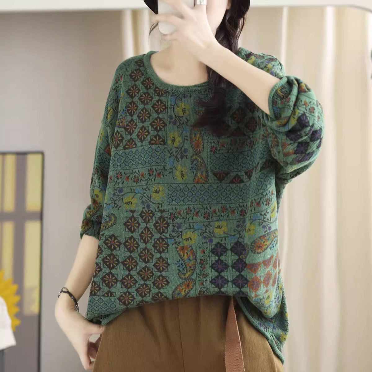 Spring Cotton Knitted Round Neck Printed Casual Loose Tops