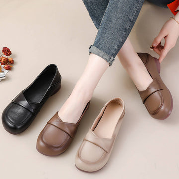 Top Leather Round Toe Simple Soft Sole Slip-On Flat Shoes