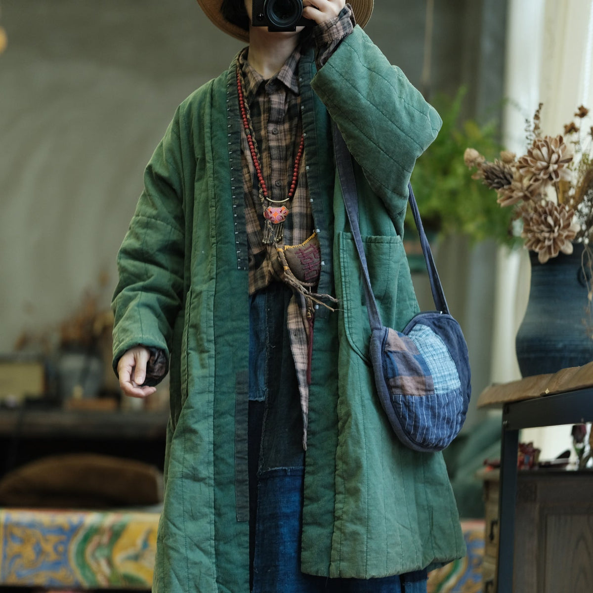 Autumn Winter Cotton Thick Fleece-Lined Patchwork Overcoat