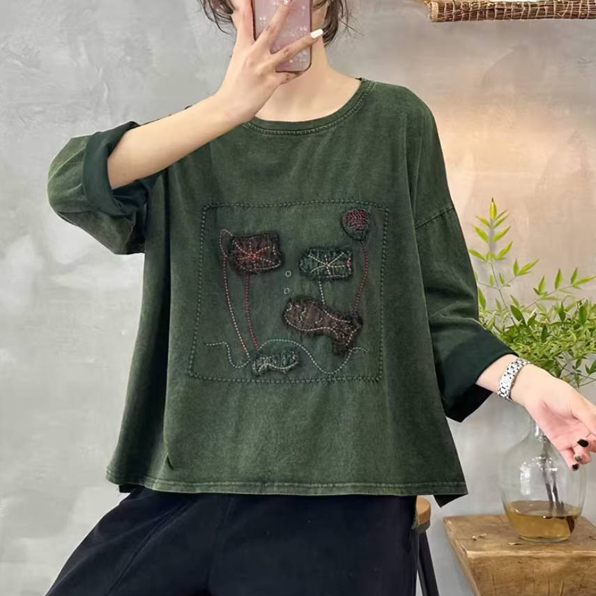 Autumn Retro Cotton Embroidered Casual Cute Round Neck Tops