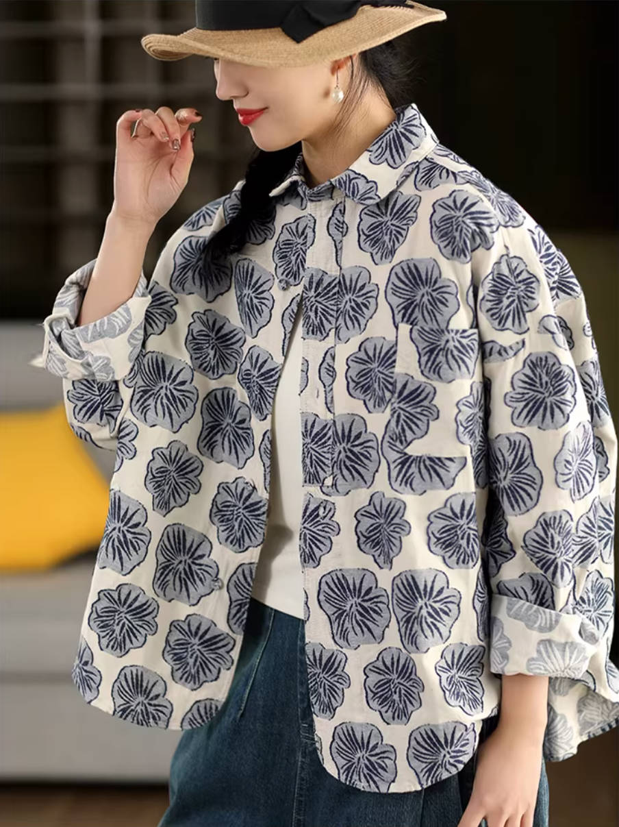 Spring Retro Fashion Linen Printed Casual Loose Floral Shirt