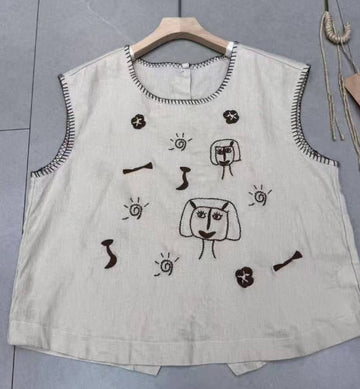 Women Loose Embroidery Sleeveless Back Button Versatile Vest Top