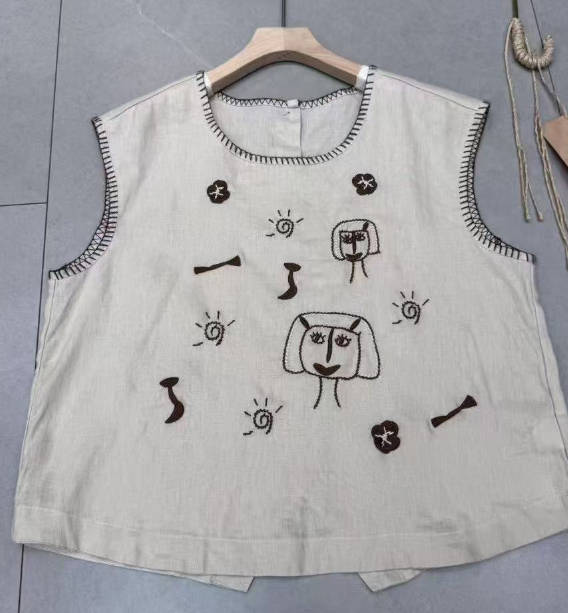 Women Loose Embroidery Sleeveless Back Button Versatile Vest Top