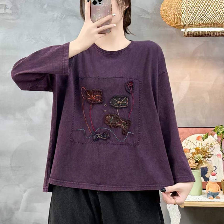 Autumn Retro Cotton Embroidered Casual Cute Round Neck Tops