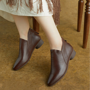 Spring Genuine Leather Retro Pointed Toe Low Heel Zipper Shoes