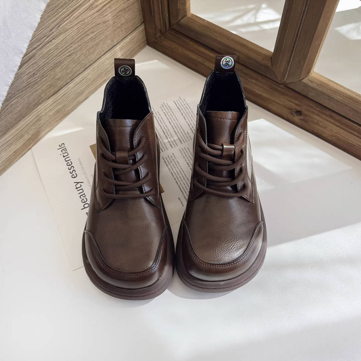 Fashion Leather Wide Round Toe Platform Lace-Up Ankle Boots
