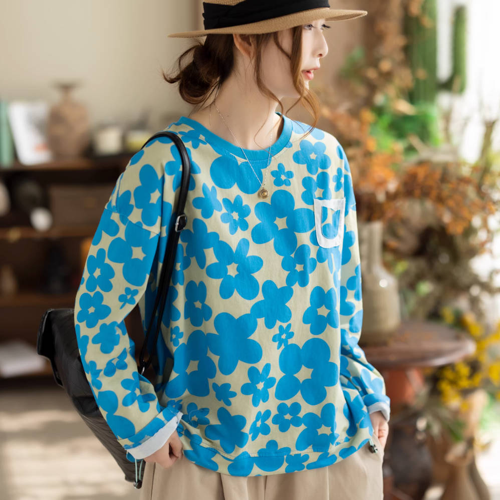 Spring Cotton Linen Patchwork Round Neck Floral Printed Loose Tops