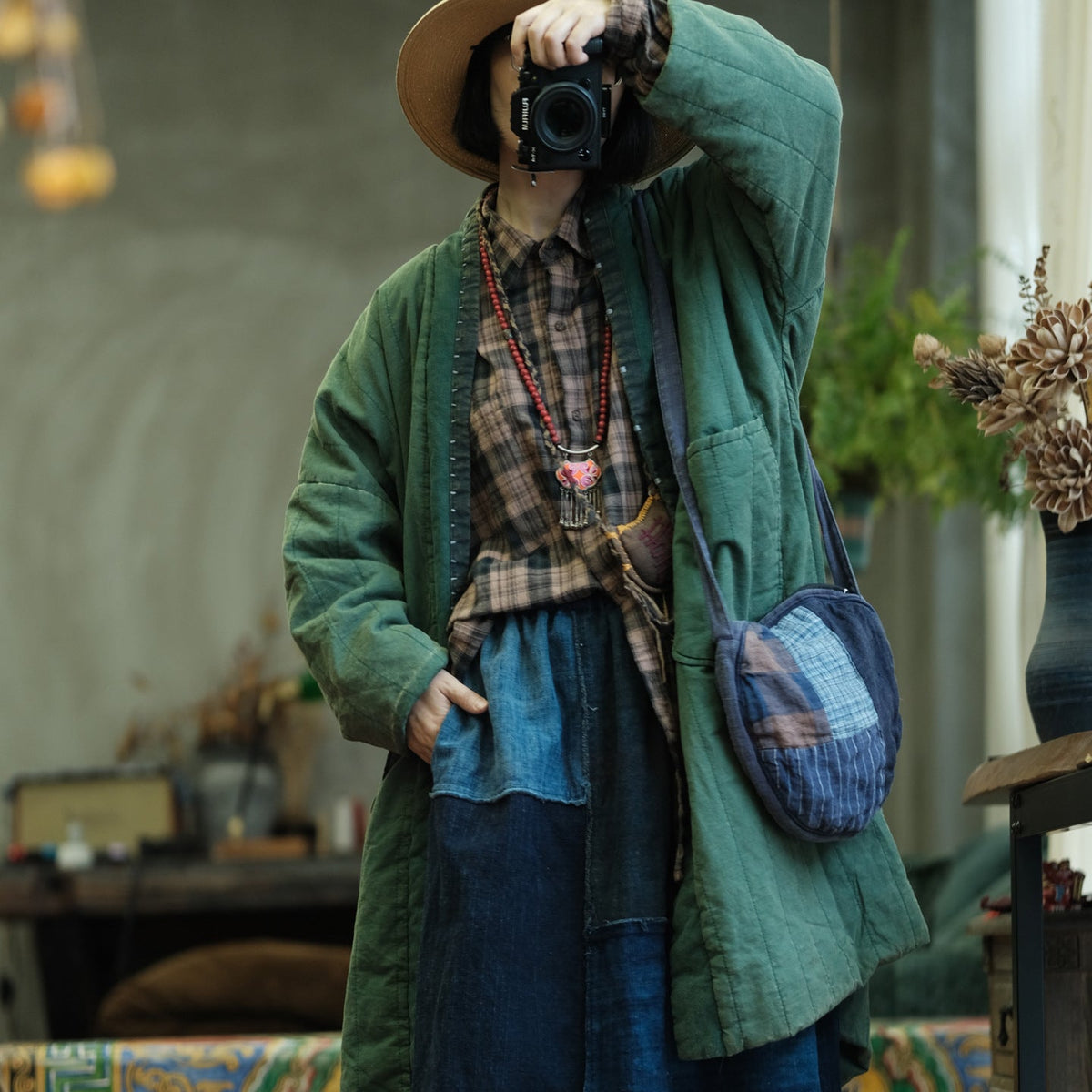 Autumn Winter Cotton Thick Fleece-Lined Patchwork Overcoat