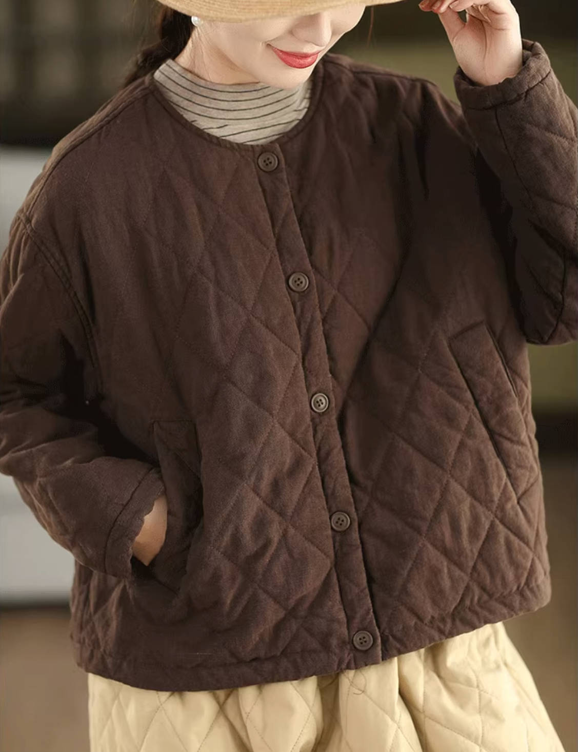 100% Linen Round Neck Single-Breasted Plaid Fleece-Lined Coat