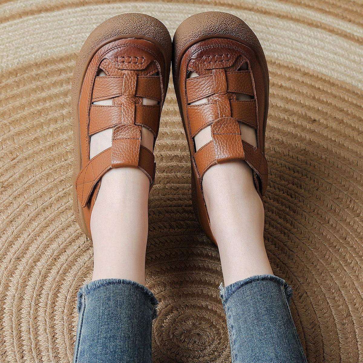Leather Round Toe Cut Out Wide Feet Velcro Soft Sole Flat Shoes