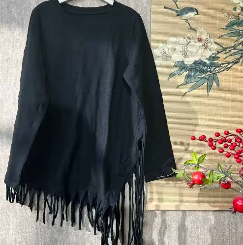 Women Cotton Asymmetrical Fringe Hem Long Sleeve Midi Tee Basic Top