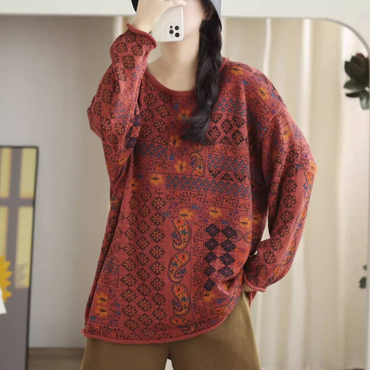 Spring Cotton Knitted Round Neck Printed Casual Loose Tops