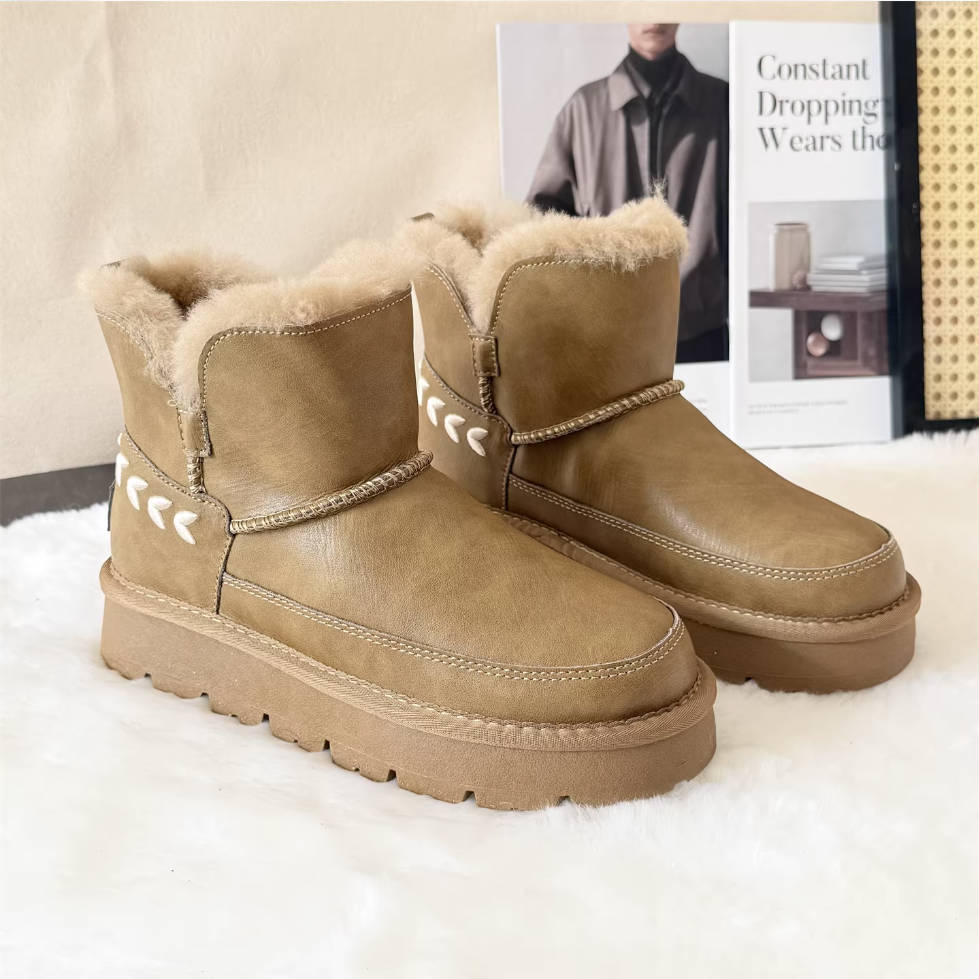 Winter Leather Thick Soft Sole Woolen Warm Embroidered Ankle Boots