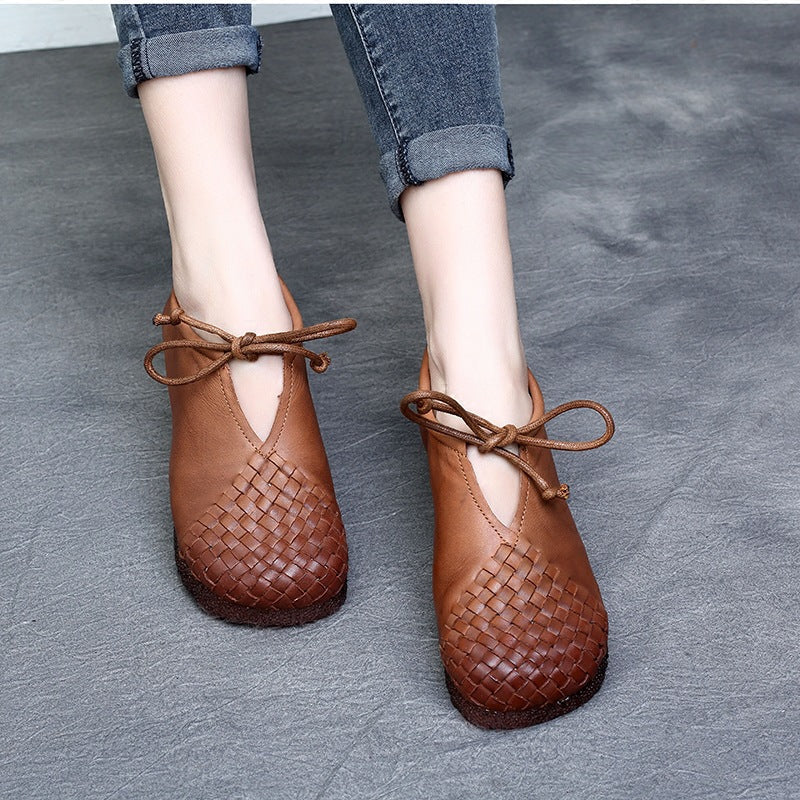 Retro Leather Woven Square Toe Lace-Up Everyday Comfy Flats