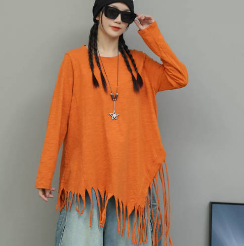 Women Cotton Asymmetrical Fringe Hem Long Sleeve Midi Tee Basic Top