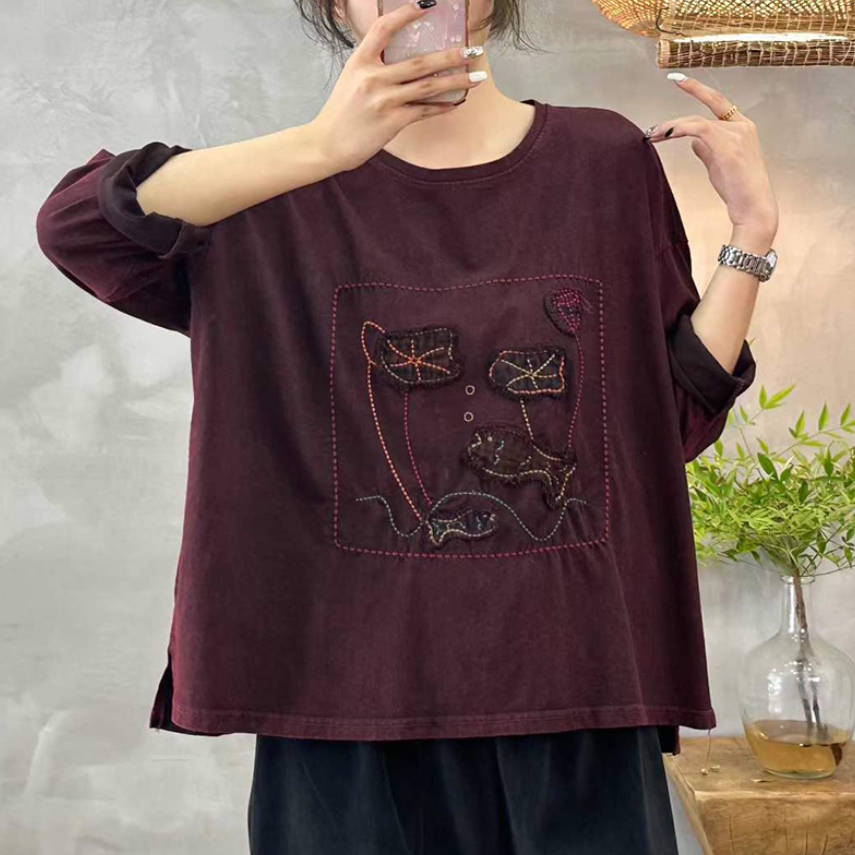 Autumn Retro Cotton Embroidered Casual Cute Round Neck Tops