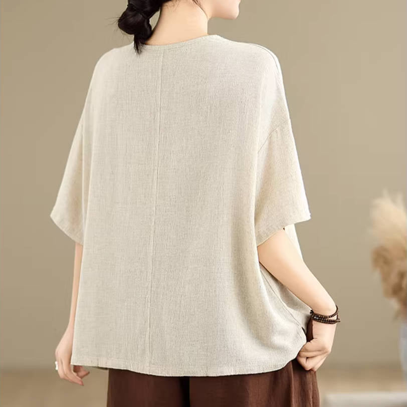 Round Neck Linen Loose Pocket Patchwork Breathable Tops