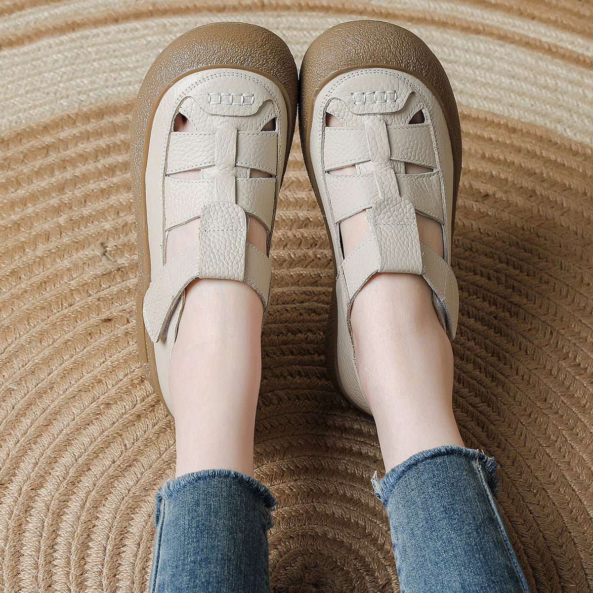 Leather Round Toe Cut Out Wide Feet Velcro Soft Sole Flat Shoes