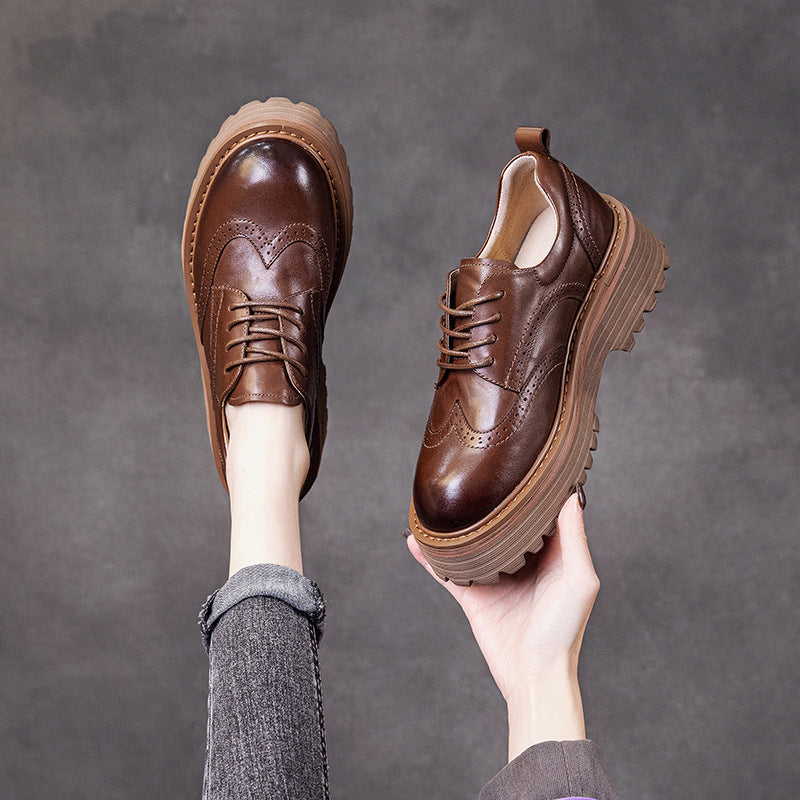 Spring Retro Leather Round Toe Platform Thick Soft Sole Flats