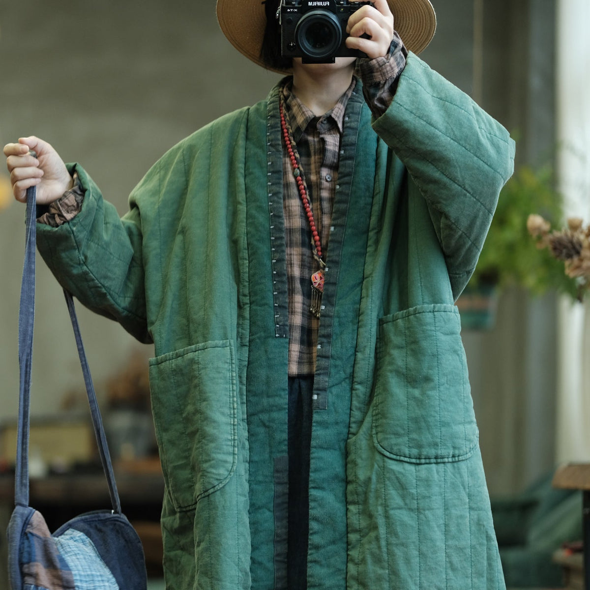 Autumn Winter Cotton Thick Fleece-Lined Patchwork Overcoat
