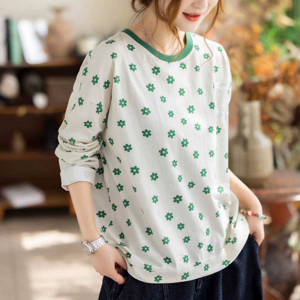 Spring Cotton Linen Patchwork Round Neck Floral Printed Loose Tops