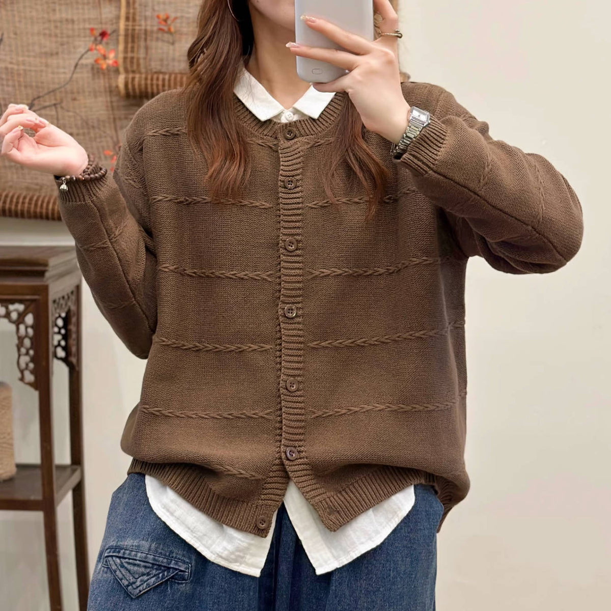 Cotton Warm Long Sleeves Casual Round Neck Cardigans