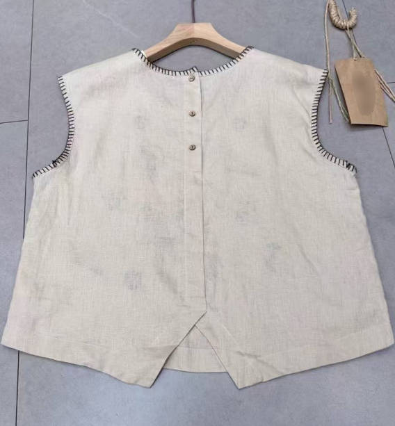 Women Loose Embroidery Sleeveless Back Button Versatile Vest Top