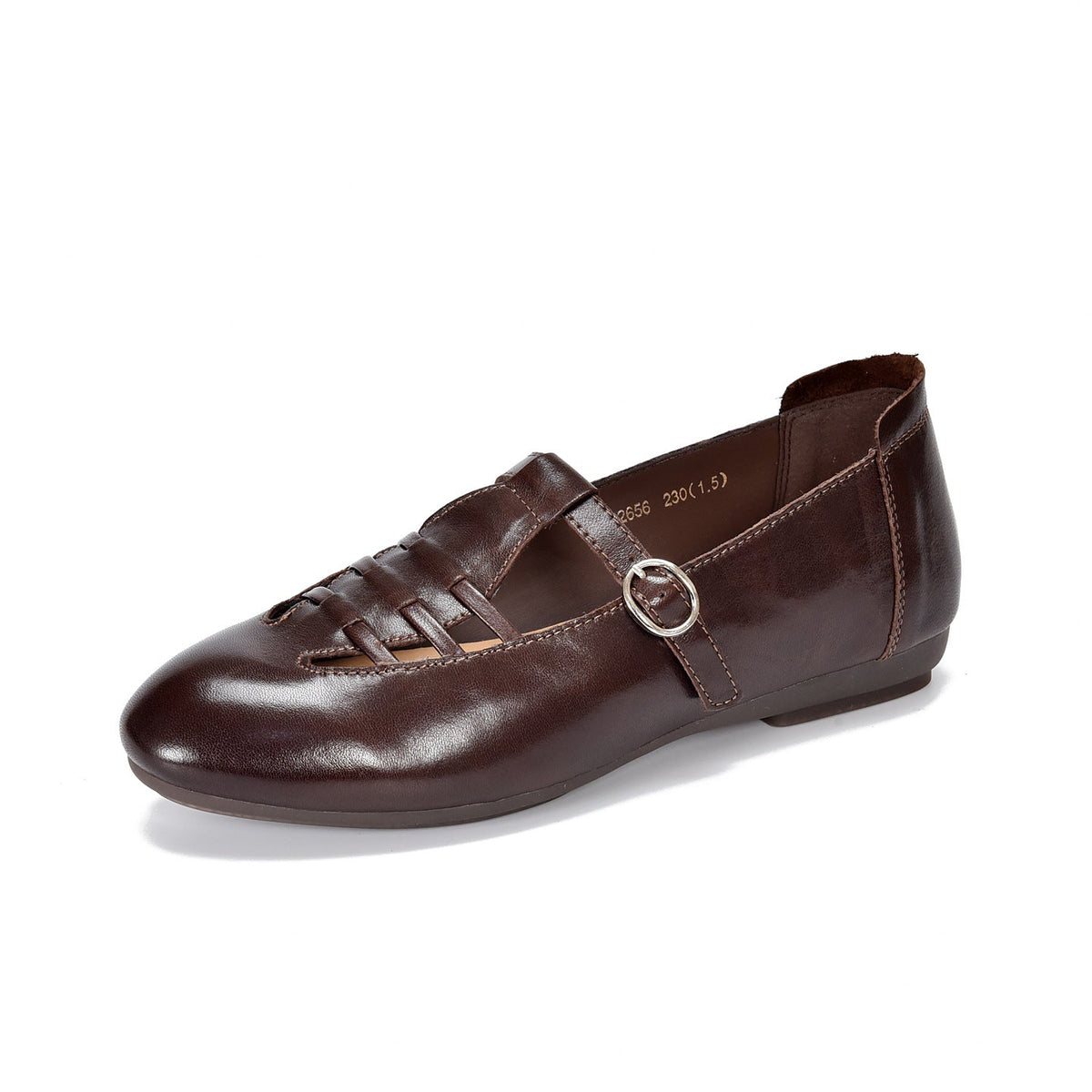 Vintage Leather Pointed Toe Cut Out Breathable Soft Flat Sole Shoes