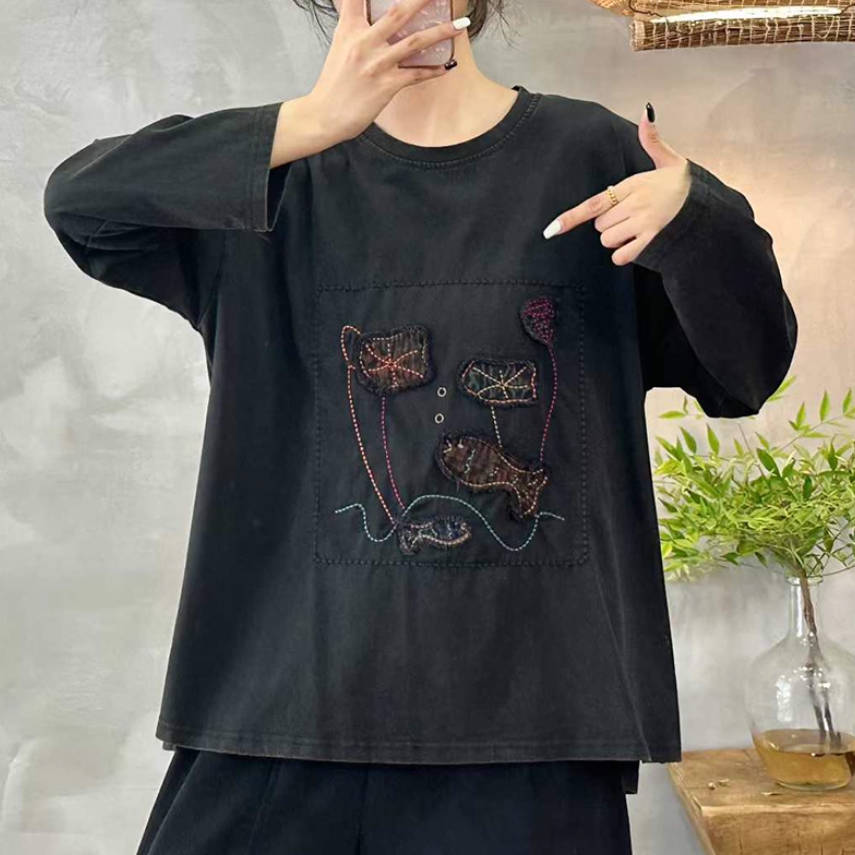 Autumn Retro Cotton Embroidered Casual Cute Round Neck Tops