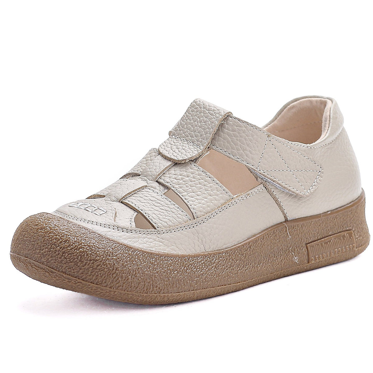 Leather Round Toe Cut Out Wide Feet Velcro Soft Sole Flat Shoes