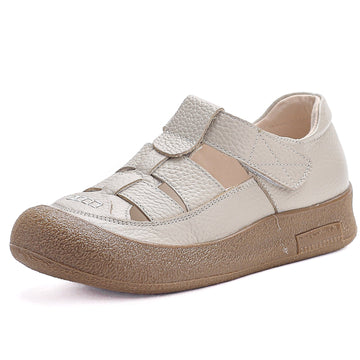 Leather Round Toe Cut Out Wide Feet Velcro Soft Sole Flat Shoes