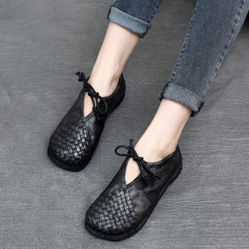 Retro Leather Woven Square Toe Lace-Up Everyday Comfy Flats