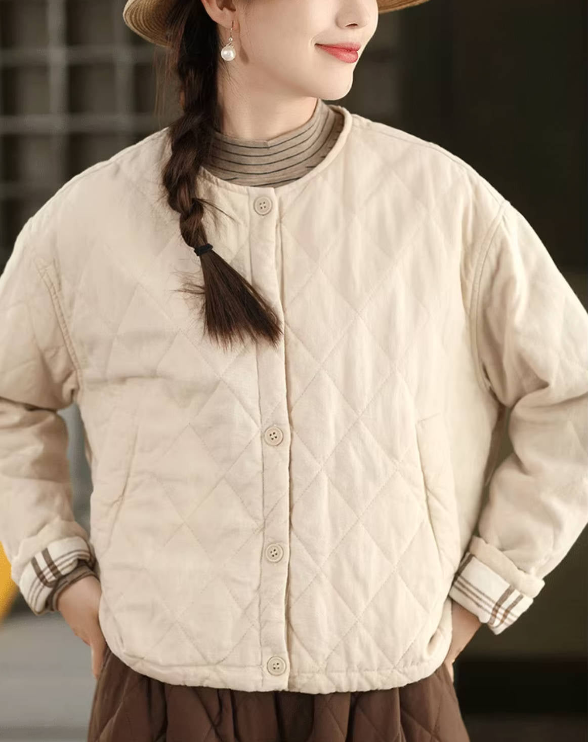 100% Linen Round Neck Single-Breasted Plaid Fleece-Lined Coat