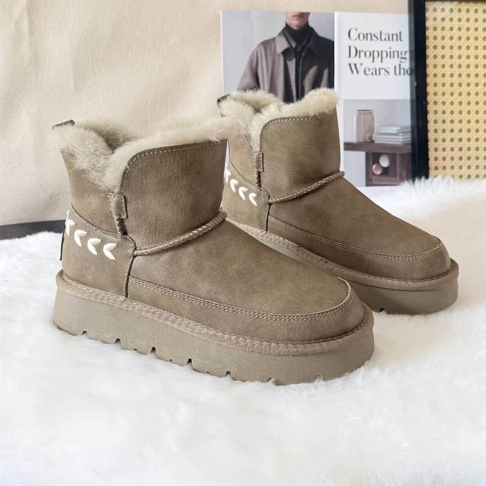 Winter Leather Thick Soft Sole Woolen Warm Embroidered Ankle Boots