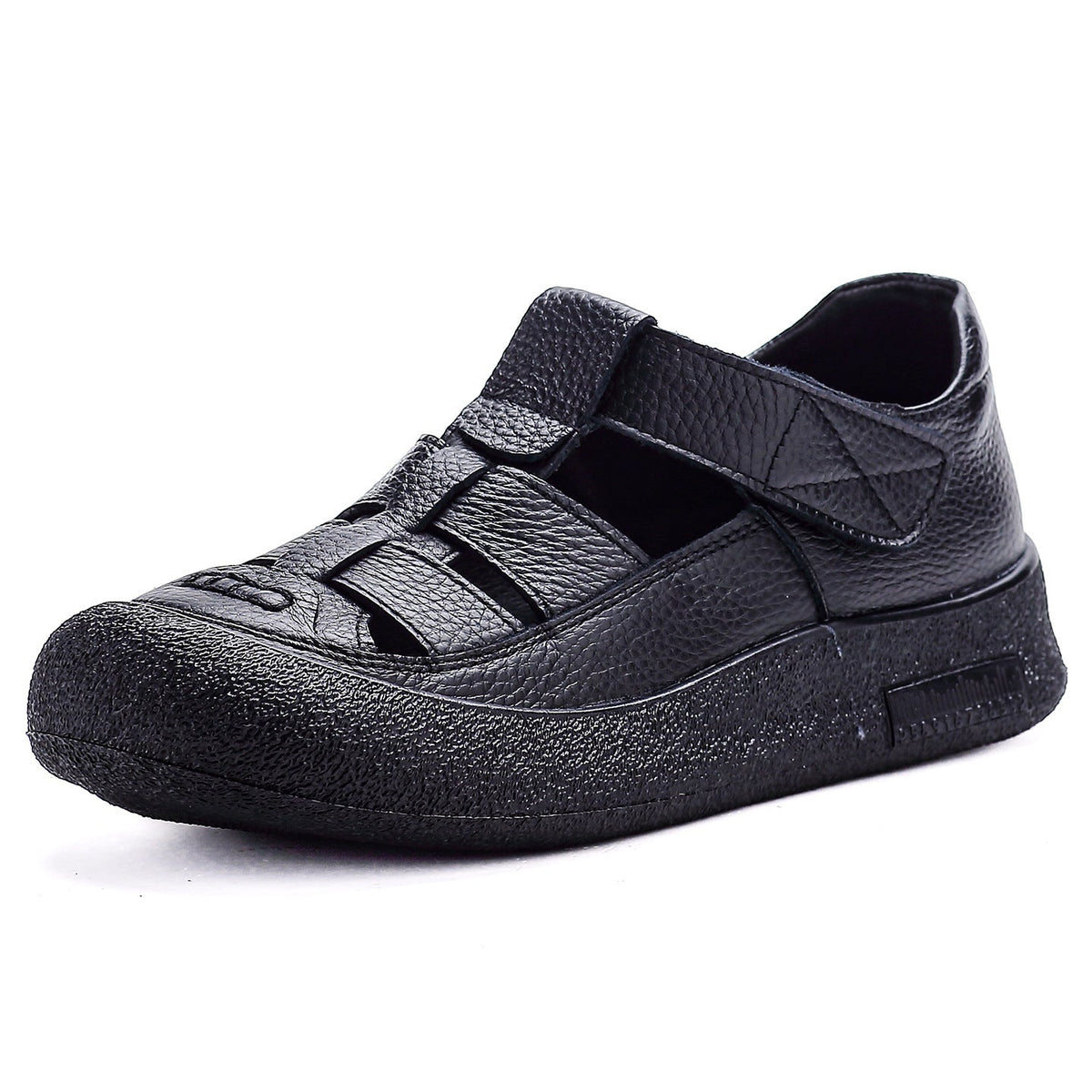 Leather Round Toe Cut Out Wide Feet Velcro Soft Sole Flat Shoes