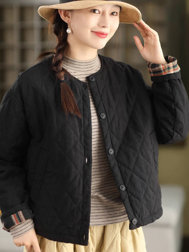 100% Linen Round Neck Single-Breasted Plaid Fleece-Lined Coat
