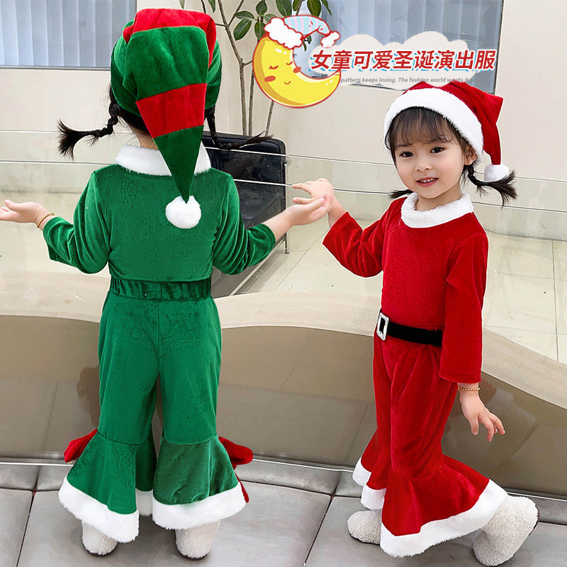 Christmas Kids Costume Red Green Bell-Bottom Pants Set