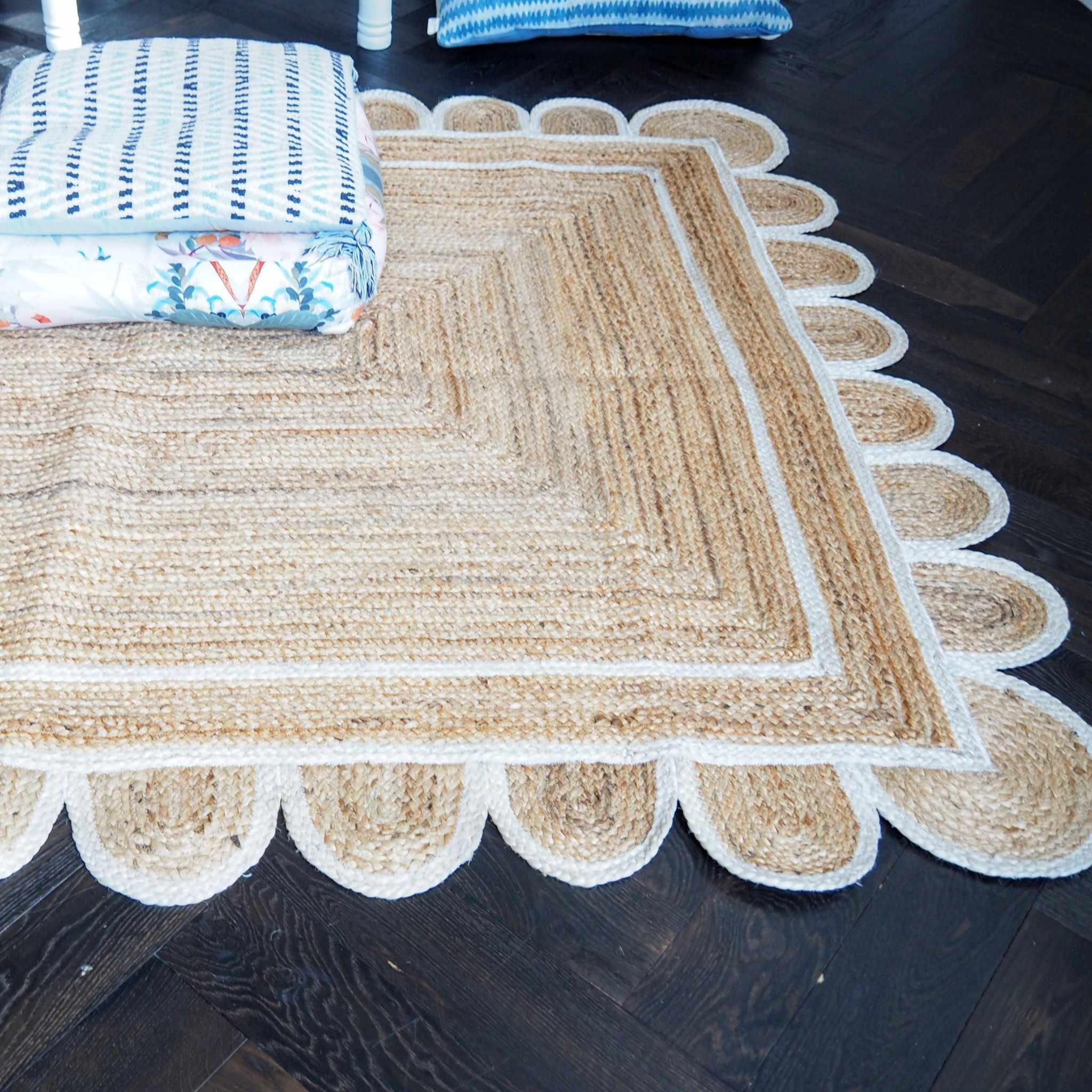 Handmade White Scalloped Jute Rug Custom Sizes Available