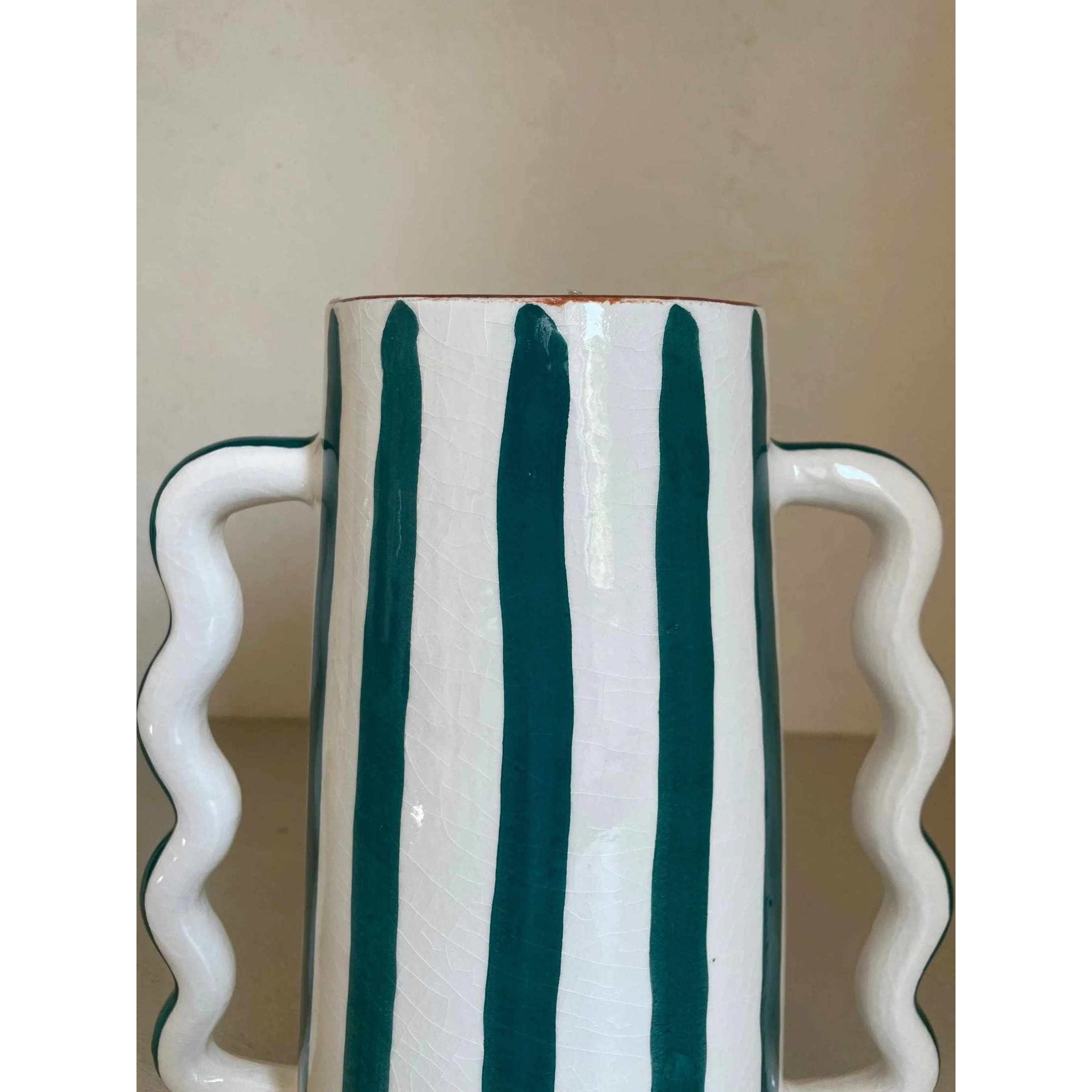 Fir Green and White Striped Abstract Ceramic Vase