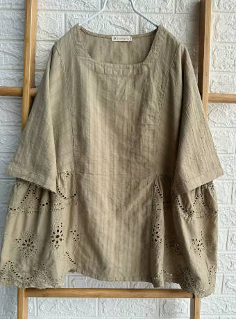 Women Spring Solid Color Hollow Out Patchwork Cotton Linen Top