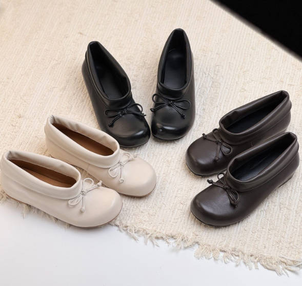 Women Vintage Round Toe Soft Leather Bowknot Hidden Wedge Slip-on Shoes